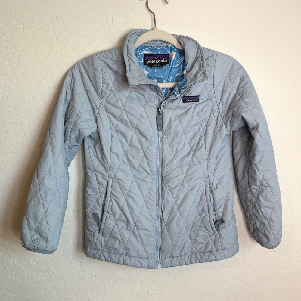 Patagonia Girls Nano Puff Jacket Light Blue Diamond Quilt Floral Lining Size 10